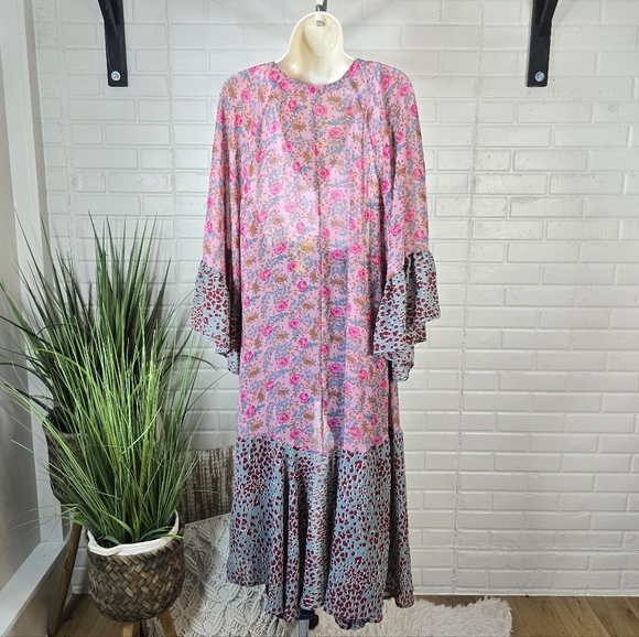 Umgee Pink and Blue Floral Animal Print Duster Kimono Large - Picture 5 of 9